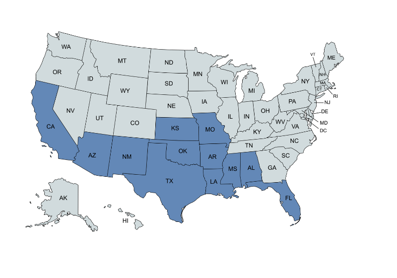 Map of the United States by state.