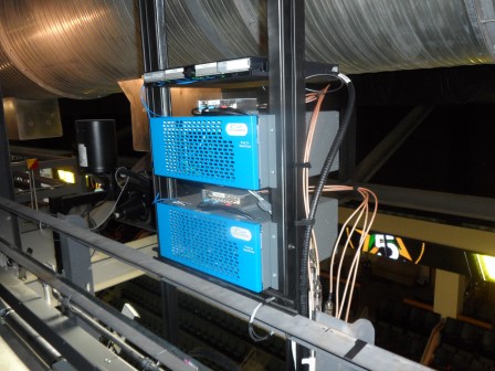 Blue equipment rack with cables