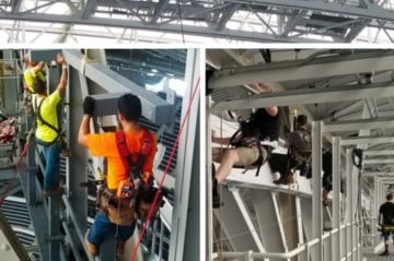 Construction workers on a high-rise building.