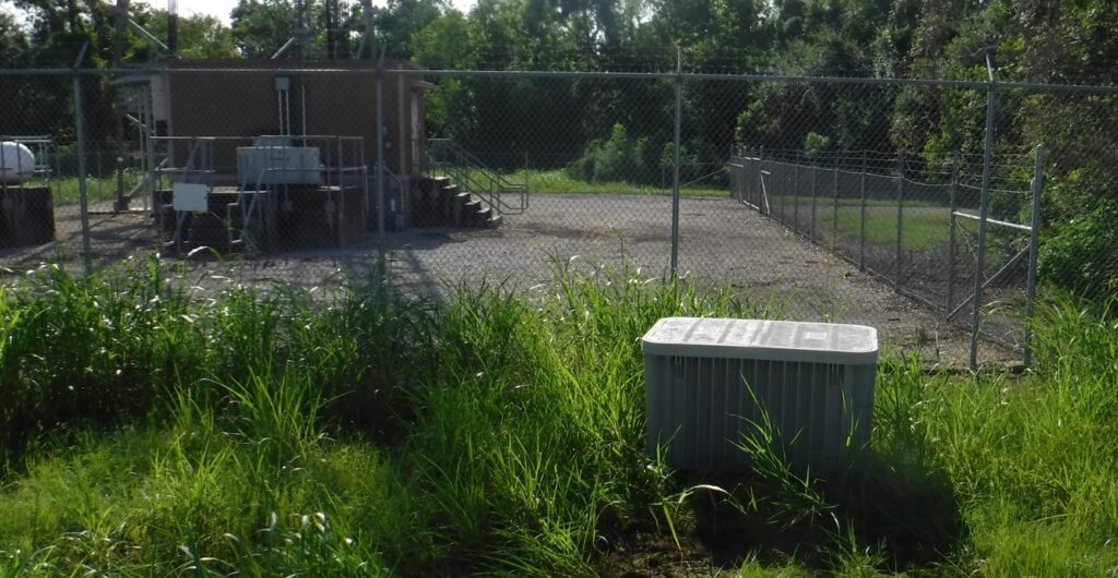 Grey box in tall grass, fenced yard.